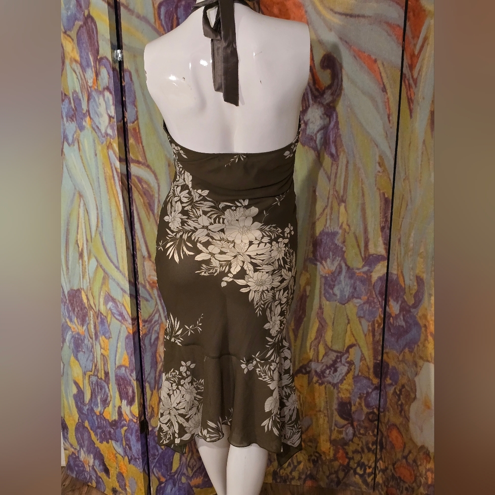 Vintage Charlotte Russe Floral Halter Midi Dress - Olive Green Size Medium - Picture 2 of 6